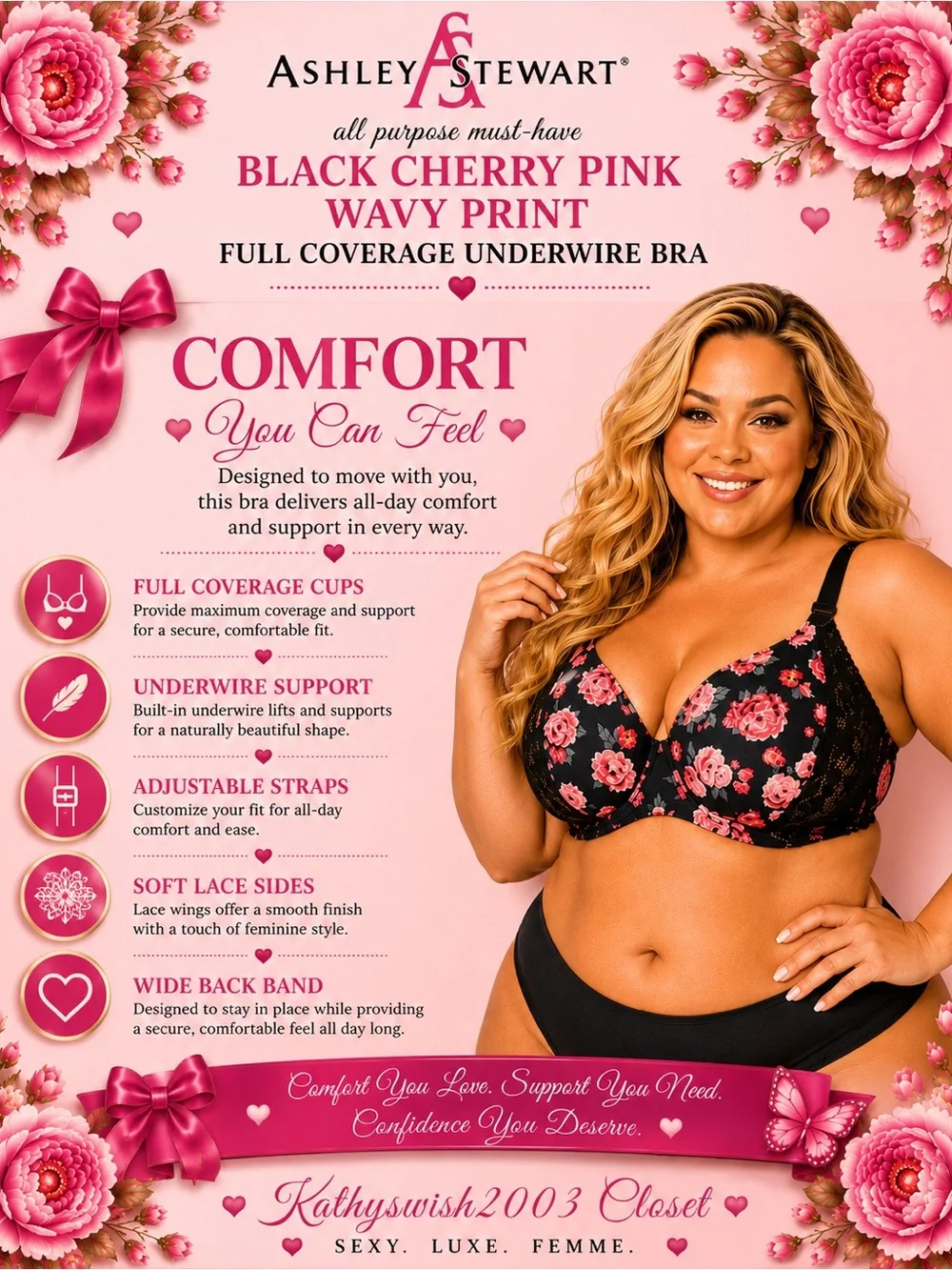 Ashley Stewart Black Floral Full Coverage Underwire Bra, Plus Size 46D NEW w/Tag - Picture 6 of 16